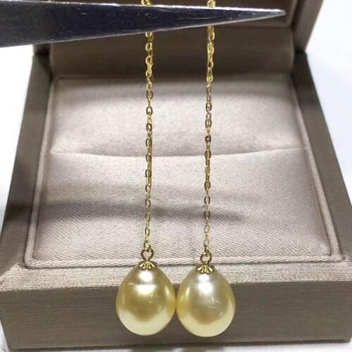 AAA 9-10mm Natural Southsea Gold Pearl Saltwater Pearl 18 K Gold Drop Shape Earring