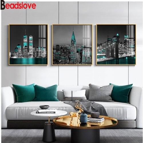DIY Diamond Painting Green Black Modern City Landscape 5D Cross Stitch square Full Diamond Embroidery rhinestones 3 panel Mosaic