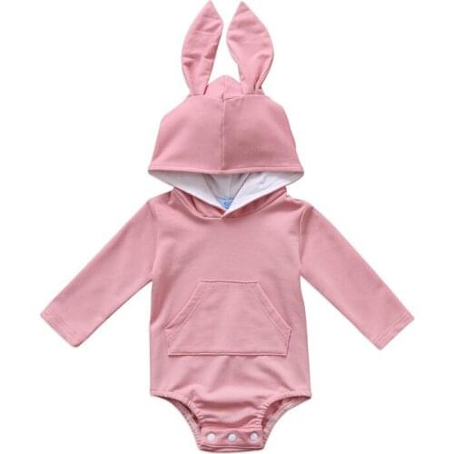 Newborn Toddler Baby Boy Girl Bodysuits Autumn Long Sleeve Hooded Bodysuit Rabbit Warm Cotton Pink Gray Boys Girls Outfits Cute