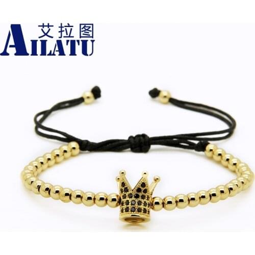 Black CZ Crown Charm Bracelet 4mm Stainless Steel Round Beads Men Macrame Jewelry Party Gift Drop Shipping