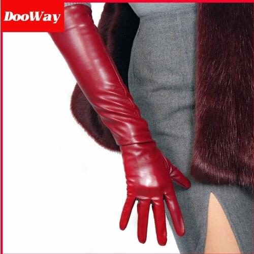 DooWay LONG LATEX GLOVES Faux Leather Sheepskin PU Dark Red Burgendy Evening Dress Opera Party Gloves