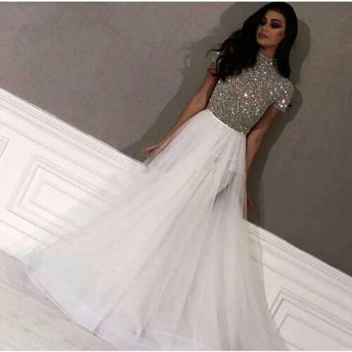 Elegant Muslim Evening Dresses A-line High Collar Tulle Beaded Crystals Dubai Saudi Arabic Long Evening Gown Prom Dress