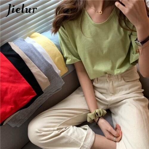 Jielur Summer Solid Color T-shirt Women Chic Short Sleeve Green White Black Harajuku T-shirts Tops Female Clothing Tees One size