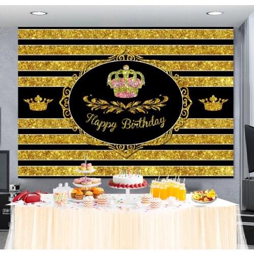 Laeacco Golden Black Stripes Gold Crown Birthday Photo Backdrop Customized Birthday Party Poster Banner Photography Background