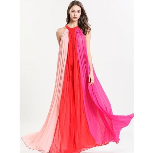 HOT SELLING spring and summer fashion patchwork pleated loose medium-long plus size women o-neck DRESS IN STOCK