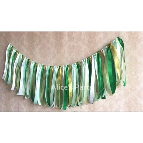 New Green Gold Ribbon Banner Bunting First Birthday Flag Jungle theme Zoo Party Decorations Baby shower Garland Photo Shoot