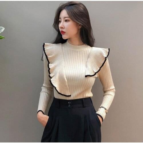 LLZACOOSH New 2019 Fashion Women Ruffles Pullovers Fall Winter Long Sleeve Knitted Patchwork Elastic O Neck Ladies Slim Sweaters