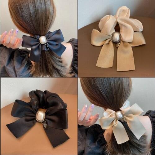 New Korean Womans Temperament Ribbon Bow Pearl Large Intestine Circle Girl Sweet Ties Ponytail Hair Rope Solid Color Hair Band