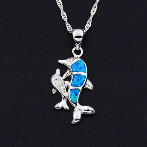 Blue Fire Opal Mom Shark and Baby Pendant Necklace for Gift