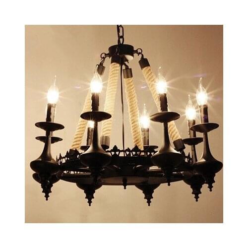 Hemp rope Iron Black Pendant Light, Round Droplight with 3/6/8 Candles E14 LED Warm White Light for Cafe Retro Restaurant Bar