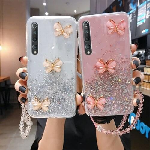 Butterfly Glitter Wrist Lanyard Phone Case For Oppo A5S A1K A12 A91 A31 A52 A9 A5 A53 2020 Find X2 X3 Neo Reno 2Z 3 4 Lite 5 Pro