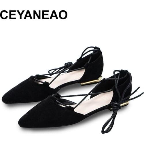 CEYANEAOCross-Tied pointed toe cover heels women sandals closed toe flat shoes women lace up low metal heels gladiator sandalias