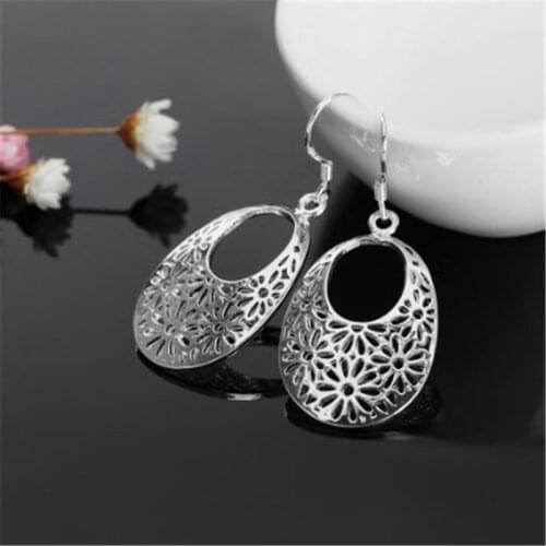 Water Drop Earrings Sterling Silver Pattern Hollow Flower Vintage Long Dangle Earrings