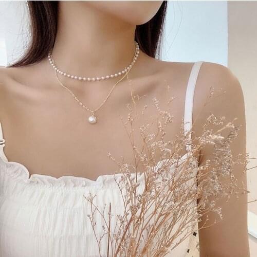 Kpop Pearl Choker Necklaces For Women Gold Silver Color Double Layer Chain Pendant Necklace 2020 New Fashion Korean Jewelry