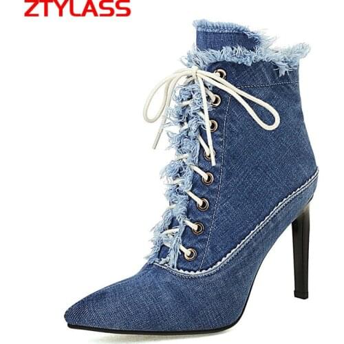 2021 New Deinm Ankle Boots Spring Autumn Women Boots Sexy Thin High Heel Booties Pointed Toe Zipper Woman Boots Shoes