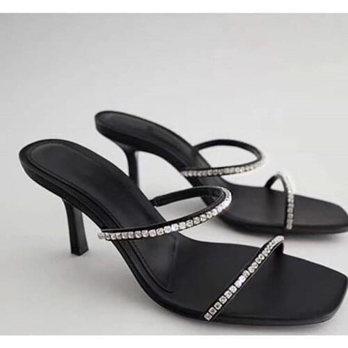 CosZtkhp Womens shoes Black square head Rhinestone accessories High-heeled sandals