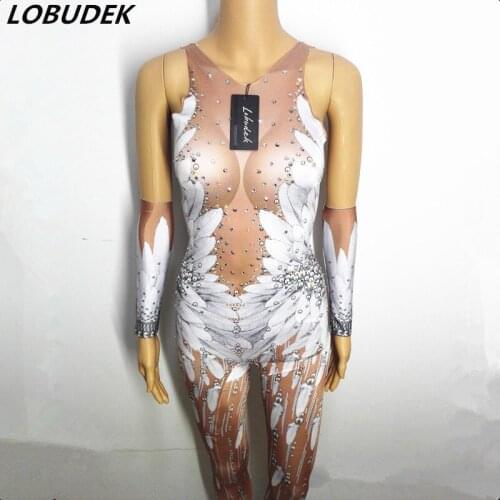 Bar DJ DS female costume high stretch Jumpsuit Feathers printing elastic jumpsuit Nightclub singer stage performance sexy Romper