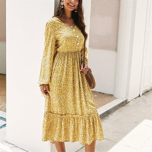 2020 New Spring Summer Elegant Fashion Small Floral Dresses Women Casual Button V-Neck Full Lantern Sleeve A-Line Midi Dress
