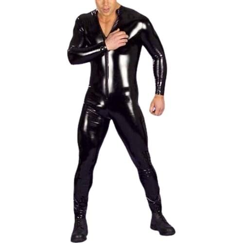 PU Leather Men Sexy Bodysuit Faux Latex Male Erotic Jumpsuit Club Stage Costume Gays Sex Lingerie Open Crotch Zipper Jumpsuit