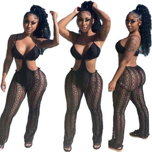 Echoine Women Sexy Mesh Knitted Bodysuit Black Lace See-through Tight Slim Jumpsuit Party Nightclub Rompers Plus Size overalls