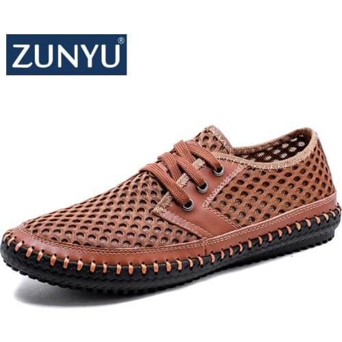 ZUNYU New Mens Casual Shoes Summer Breathable Mesh Shoes Brand Men Fashion Lace-Up Loafers Soft Comfortable Flats Size 38-48