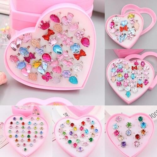 24pcs/box Cute Kids Rings Girls Mixed Korean Style Rhinestone Alloy Child Cartoon Rings Childrens Day Birthday Jewelry Gifts