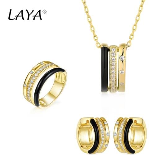 925 Sterling Silver Fashion High Quality Zircon Multi-line Design Black Enamel Earrings Ring Necklace Set Women Fine Jewelry