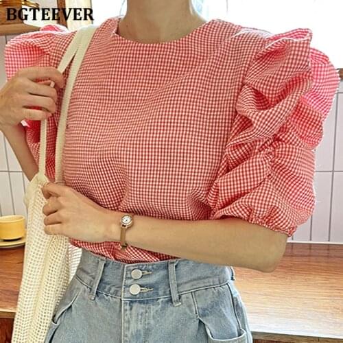 BGTEEVER Summer Chic O-neck Women Plaid Blouses Tops Puff Short Sleeve Loose Female Pullovers Shirts Casual Ladies Blusas 2021