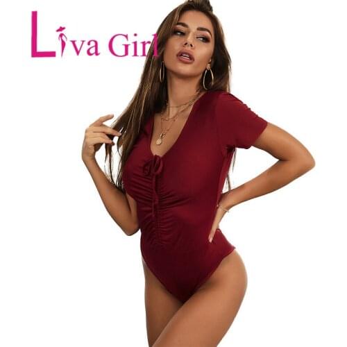 LIVA GIRL Woman Red Sexy Short Sleeve Bodysuit 2021 Summer O-Neck Solid T-Shirt Tops Female Slim Solid Bodycone Jumpsuit XL
