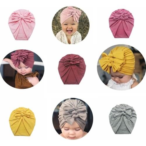 Yuxic Baby Hat Soft Cotton Solid Color Bowknot Infant Head Wrap Stretchy Baby Girls Turban Cap Baby Headwear Hair Accessories