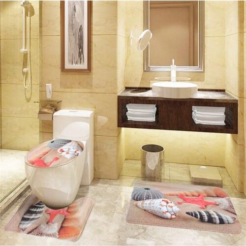 3 PC Seashell Flannel Toilet Cover Set of Bathroom Mat + Mat For Toilet + Toilet Lid Covers