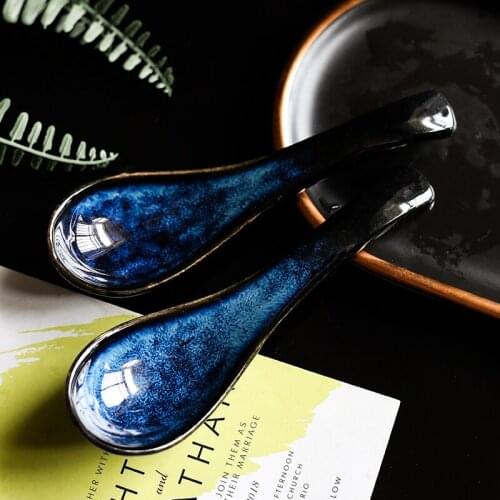 KINGLANG 2Pcs Spoon Japanese Ceramic Blue Color Eating Soup Spoon