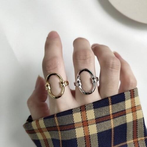 925 Sterling Silver Jewelry Minimal Oval Hollow Circle Forged Ring Openwork Wild Geometric Creative Elegant Open Ring For Women