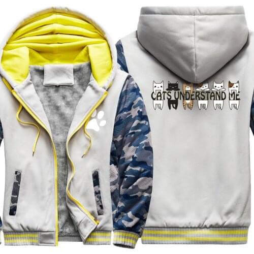 Cat Understand Me Camouflage Mens Raglan Thicken Jackets Dark Blue Mans Sweatshirts Leisure Casual Tops Retro moletom masculino