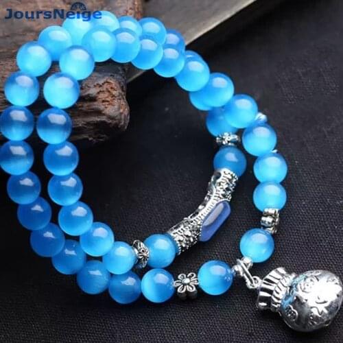 Wholesale Blue Natural Cat Eye Stone Bracelets Tibetan Silver Money Bag Pendant For Women Girl Fresh Summer Crystal Jewelry