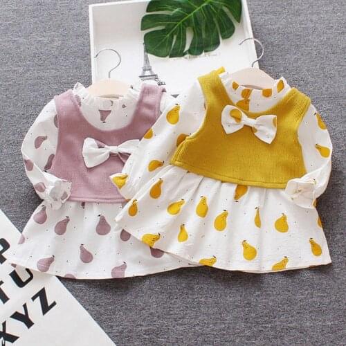 Autumn Korean Baby Girl Dress Simple Generous Long Sleeve Cute Pear Print Fashion Temperament Fake Two-Piece Dress