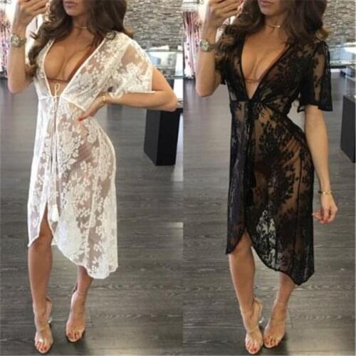 Sexy Women Short Sleeve Floral Lace Crochet Kimono Swimwear Cardigan Bikini Cover Up Wrap Beachwear Long Cover-Ups 2021 Summer