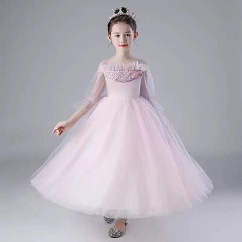 Flower Girl Dress Illusion O-Neck Beading Three Quarter Princess Floor-Length Tulle Luxury Off The Shoulder Kids Party Gown H440