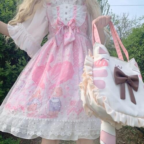 Japanese Style Victorian Sweet Lolita Jsk Dress Daily Summer Kawaii Cartoon Print Sleeveless Sling Dresses Fairy Cosplay Costume