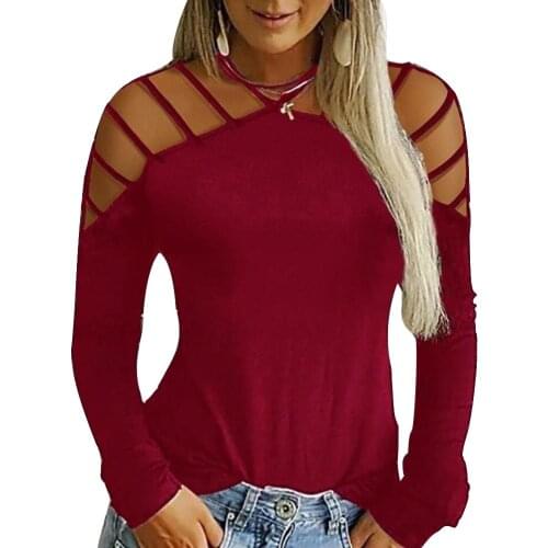 Hot apparel Sexy Women shirt Solid Color Hollow Out Off Shoulder Long Sleeve Loose Top black Hollow Out Off Shoulder Polo shirt