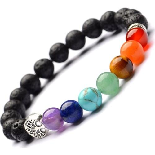 Silver Plated Tree of Life Connect Black Lava Stone Round Beads Elastic Bracelet Healing Reiki Chakra Jewelry