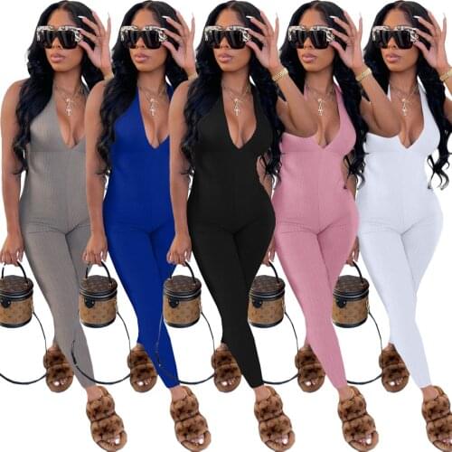 Casual Ribbed Halter Lace Up V Neck Bodycon Jumpsuit 2021 Summer Sexy One Piece Overalls Rompers Womens Night Club Outfits