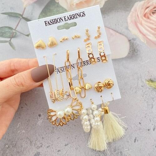 VKME Fashion Pearl Chain Dangle Earrings Set For Women Bohemian Tassel Earring Geometric Round Pearl Hoop Drop Earings Jewelry