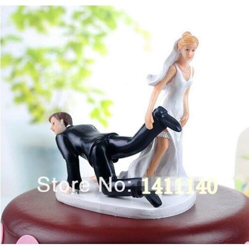 Resin Dark Brown and Gold Hair Happy Bride & Groom Wedding Cake Toppers couple Resin