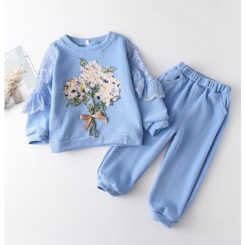 Spring Autumn Girls Clothes 2 Pieces Casual Sets Lace Flower Tracksuit for Girls Sport Suits Kids Clothes Children Set