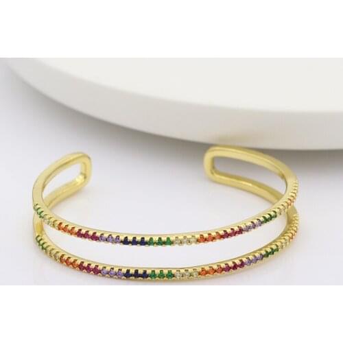 Box Packaging Adjust Double Line Gold Filled Colorful Micro Pave Rainbow CZ Open Banles Bracelets For Women Crystal Jewelry
