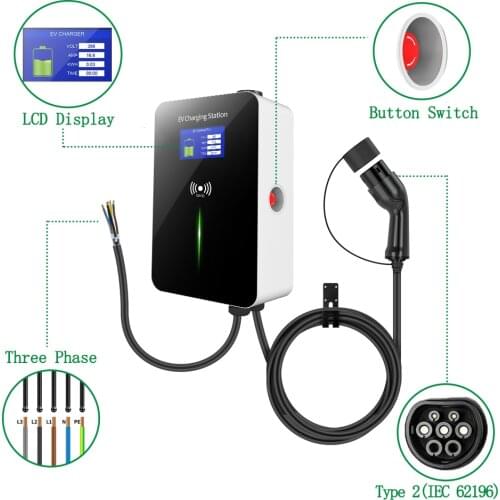 22KW EV Charging Station Cable 32A Electric Vehicle Car Charger EVSE Wallbox Wall Mount Type 2 Cable IEC 62196-2 Level 2