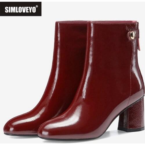 SIMLOVEYO Women Genuine Leather Square Heel Ankle Boots Round Toe Patent Leather Zip Designer Brand Big Size 42 Black Red S2310