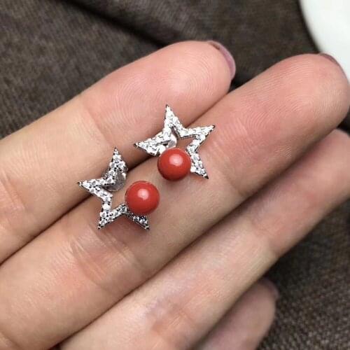Star EarringNatural and Real Precious Coral stud earring 925 Silver Sterling Free shipping Original real Precious Coral Earring