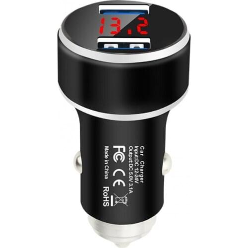 50% Hot Sales 5V 3.1A Durable Metal Digital Screen Dual USB Fast Charging Car Charger Adapter